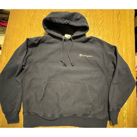 90s Champion reverse weave hoodie Men XL Navy Blue Spell Out Embroidered - Picture 2 of 9